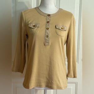 Lauren Ralph Lauren Top Women M Black Label Beige Pockets Round Neck 3/4 Sleeve